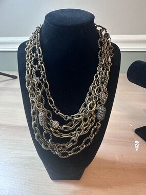 Multi-Strand Antique Gold Chain Necklace with Pave Accent Beads: convertible